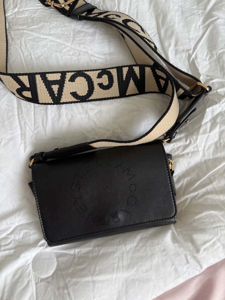 Stella Mccartney Black Crossbody With Beige Logo Strap